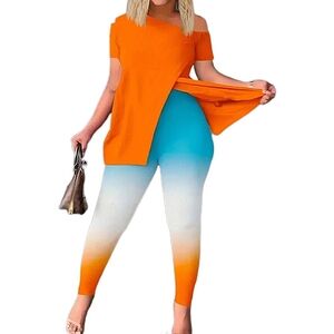 SHEIN Orange and Blue Top & Legging 2Pc Set Vibrant Collection Size 2XL